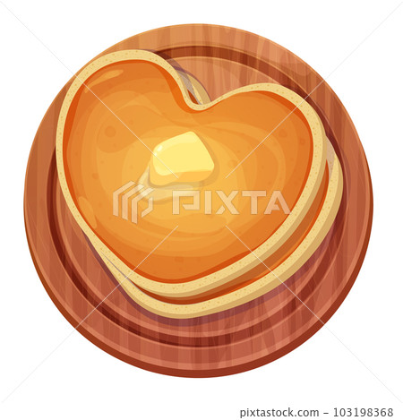 Pancakes heart shape stack with butter top view in wooden board in cartoon style isolated on white background. Romantic dessert, breakfast. Pancakes heart shape stack with butter top view in wooden board in cartoon style isolated on white background. Romantic dessert, breakfast. 103198368
