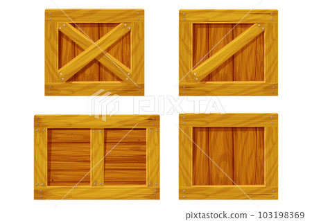 Set Wooden box, delivery container in cartoon style, game asset isolated on white background. Wood packing, open textured. Set Wooden box, delivery container in cartoon style, game asset isolated on white background. Wood packing, open textured. 103198369