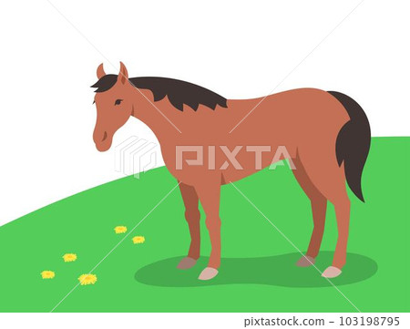 Chestnut horse standing on the green grass. Domestic farm animal grazing on a spring pasture. Flat cartoon illustration. Chestnut horse standing on the green grass. Domestic farm animal grazing on a spring pasture. Flat cartoon illustration. 103198795
