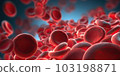 Flowing red blood cells, erythrocyte, health care concept. 3d rendering red blood cells in vein. Generative AI. 103198871