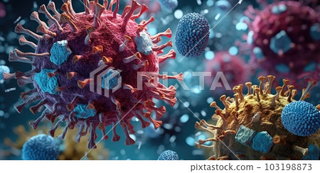 Antibody and viral infection colony structure, Antibodies attacking virus cell into the bloodstream. immune defense of body. Coronavirus covid-19 flu disease, medical science. generative ai. 103198873