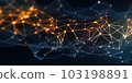 Molecules technology with polygonal shapes on dark blue background. Connecting dots and lines. Low poly shape. Abstract futuristic digital technology concept. Generative AI. 103198891