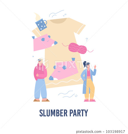 Slumber pajama party invitation design with cartoon man and woman, flat vector. Slumber pajama party invitation design with cartoon man and woman, flat vector. 103198917