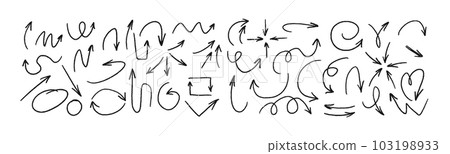 Charcoal hand drawn pencil arrows. Doodle curved chalk darts. Texture design elements of scribble lines. Vector illustration of hand painted crayon check lines. Charcoal hand drawn pencil arrows. Doodle curved chalk darts. Texture design elements of scribble lines. Vector illustration of hand painted crayon check lines. 103198933
