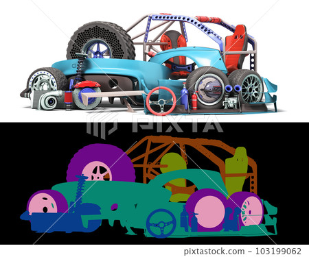 Set of custom spare parts for tuning the body and internal components 3d renyer on white with alpha Set of custom spare parts for tuning the body and internal components 3d renyer on white with alpha 103199062