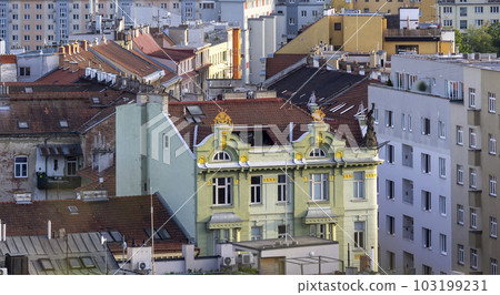 Czech Republic, Brno, facades of old colorful houses from above 103199231