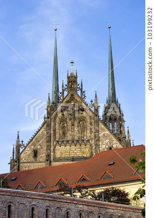 Brno Cathedral of Saints Peter and Paul, view of the domes on a sunny day. Vertical photo.  103199232