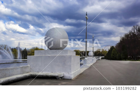 A plaster ball - fragments of a dismantled balustrade - stands on the parapet along the embankmen 103199282