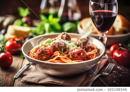 Plate of italian spaghetti and meatballs covered with tomato sauce on rustic wooden table. Ai generative 103199348