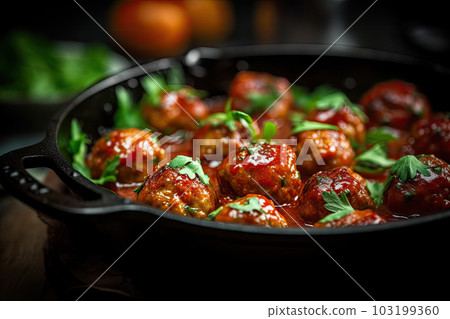 Meatballs in tomato sauce with herbs in iron pan on wooden table. Ai generative 103199360