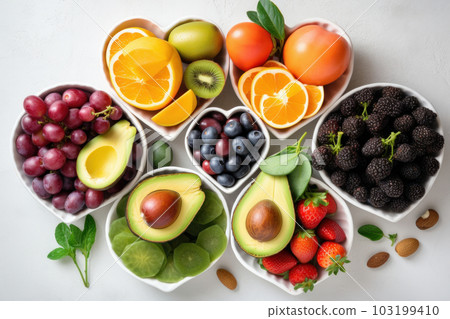 Heart-shaped platter of fresh fruits and vegetables is not only healthy but also appetizing and visually appealing. Great choice for anyone looking for natural organic snack or meal. AI Generative. Heart-shaped platter of fresh fruits and vegetables is not only healthy but also appetizing and visually appealing. Great choice for anyone looking for natural organic snack or meal. AI Generative. 103199410