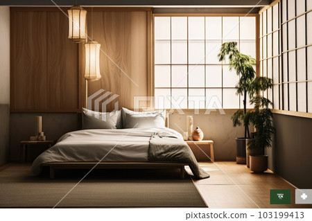 Escape to this peaceful and cozy bedroom, featuring a comfortable bed and natural light from the window. AI Generative Escape to this peaceful and cozy bedroom, featuring a comfortable bed and natural light from the window. AI Generative 103199413