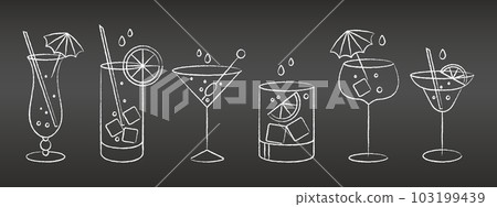 Set of grunge line drawings of refreshing fruit cocktails with ice cubes, straws and umbrellas. Drink icons, cafe menu, vector Set of grunge line drawings of refreshing fruit cocktails with ice cubes, straws and umbrellas. Drink icons, cafe menu, vector 103199439