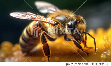 Close-up image of a bee, macro, in a honeycomb, Generated AI Close-up image of a bee, macro, in a honeycomb, Generated AI 103199492
