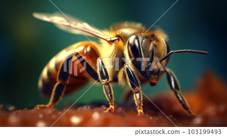 Close-up image of a bee, macro, in a honeycomb, Generated AI Close-up image of a bee, macro, in a honeycomb, Generated AI 103199493