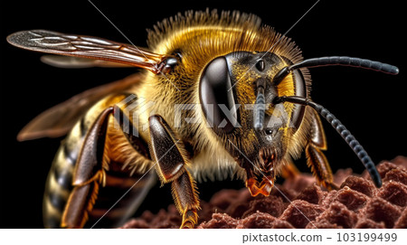 Close-up image of a bee, macro, in a honeycomb, Generated AI Close-up image of a bee, macro, in a honeycomb, Generated AI 103199499