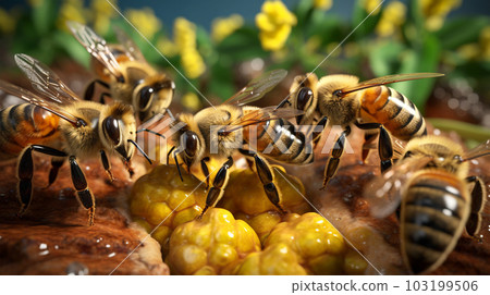 Bees in the honeycomb, close up, honey, healthy living, Generated AI 103199506