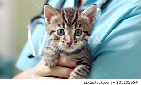 Cat in the hands of a doctor, veterinary clinic, treatment of animals, Generated AI 103199554