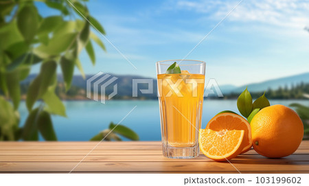 A glass of orange juice on nature background, vacation, relaxation concept, Generated AI 103199602