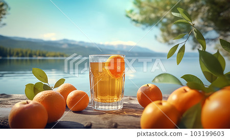 A glass of orange juice on nature background, vacation, relaxation concept, Generated AI 103199603