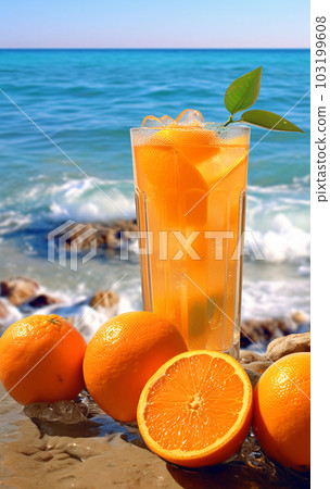 A glass of orange juice on nature background, vacation, relaxation concept, Generated AI 103199608
