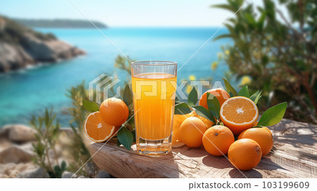 A glass of orange juice on nature background, vacation, relaxation concept, Generated AI 103199609