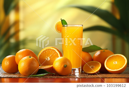 A glass of orange juice on nature background, vacation, relaxation concept, Generated AI 103199612