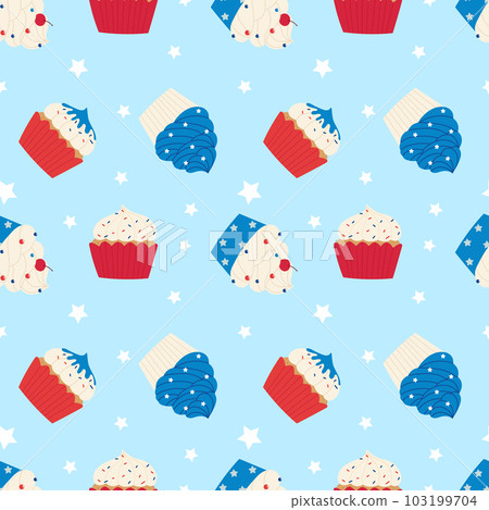 Seamless pattern with patriotic cupcake. For independence day celebration, party decoration, surface textures. 103199704