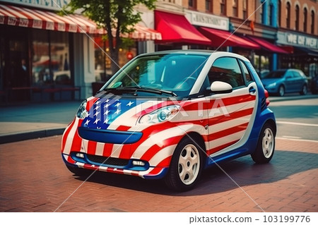 Small electric car on the street of a city, painted in the colors of the American flag 103199776