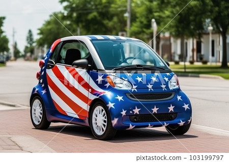 Electric car on the street of a city, painted in the colors of the American flag Electric car on the street of a city, painted in the colors of the American flag 103199797