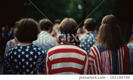 People dressed in American flag clothes stand with their backs 103199799