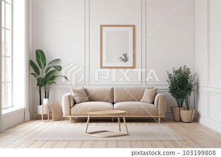 Step into this beautiful modern living room with natural light, a white couch, and green potted plants, highlighted by a mockup frame on the wall. AI Generative. Step into this beautiful modern living room with natural light, a white couch, and green potted plants, highlighted by a mockup frame on the wall. AI Generative. 103199808