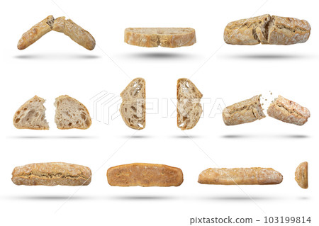 Set of loaves of fresh ciabatta bread from all sides on a white isolated background. A whole loaf of bread for a design or project from different angles on a white background. Italian pastry concept. Set of loaves of fresh ciabatta bread from all sides on a white isolated background. A whole loaf of bread for a design or project from different angles on a white background. Italian pastry concept. 103199814
