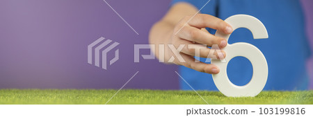 Number 6 in hand. A hand holds a white number six on green grass and a purple background, six percent per annum. Swedish Constitution Day. July 6th. Number 6 in hand. A hand holds a white number six on green grass and a purple background, six percent per annum. Swedish Constitution Day. July 6th. 103199816