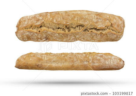 Loaf of Italian fresh ciabatta bread on a white isolated background. Loaf of bread isolate to insert into a design or project. Top view, side view. Loaf of Italian fresh ciabatta bread on a white isolated background. Loaf of bread isolate to insert into a design or project. Top view, side view. 103199817