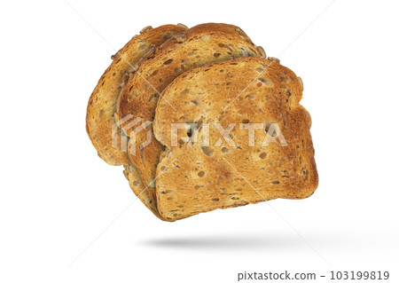 Isolate of three slices of toasted bread, for design or project. Toasted, golden, whole grain bread from a toaster, isolated on a white background. The concept of diet food or light breakfast. Isolate of three slices of toasted bread, for design or project. Toasted, golden, whole grain bread from a toaster, isolated on a white background. The concept of diet food or light breakfast. 103199819
