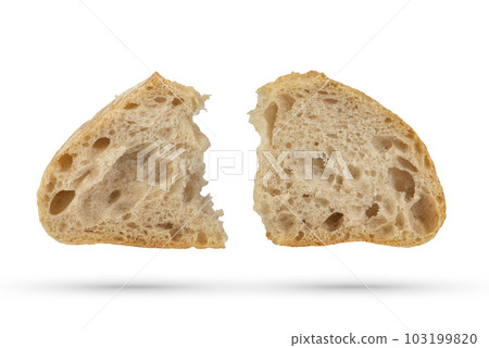 Two slices of fresh Ciabatta bread on a white isolated background. Slices hang or fall on a white background. The concept of Italian bread baking or delicious breakfast. 103199820