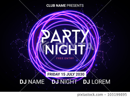 Dance music night poster background. Night club music concert DJ flyer vector design glow abstract 103199895
