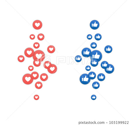 Flying like icon set social media. Thumb up 3d reaction emoji network comment vector logo love Flying like icon set social media. Thumb up 3d reaction emoji network comment vector logo love 103199922