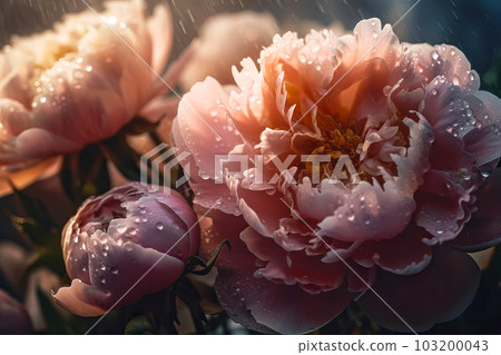 Beautiful Surreal peonies with dew drops close-up. Floral background. Generative AI illustration Beautiful Surreal peonies with dew drops close-up. Floral background. Generative AI illustration 103200043