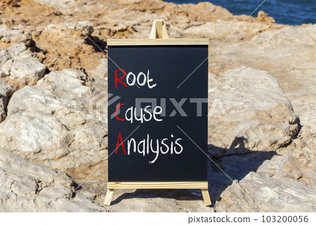 RCA root cause analysis symbol. Concept words RCA root cause analysis on beautiful black chalk blackboard. Beautiful stone beach background. Business and RCA root cause analysis concept. Copy space. RCA root cause analysis symbol. Concept words RCA root cause analysis on beautiful black chalk blackboard. Beautiful stone beach background. Business and RCA root cause analysis concept. Copy space. 103200056