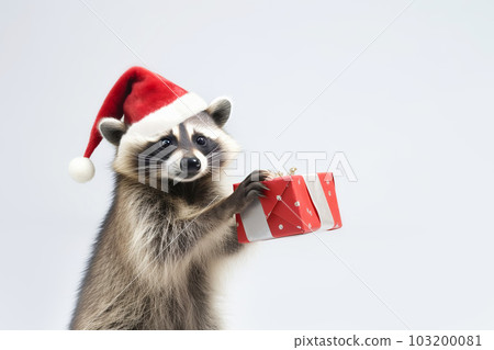 Cute raccoon in santa hat dances with red gift on white background. Merry Christmas concept. Generative AI Cute raccoon in santa hat dances with red gift on white background. Merry Christmas concept. Generative AI 103200081
