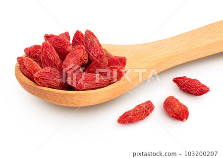 Dried goji berries in wooden spoon isolated on white background 103200207