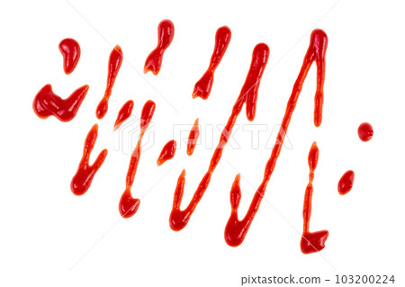 Red tomato sauce or ketchup isolated on white background . Top view. Flat lay Red tomato sauce or ketchup isolated on white background . Top view. Flat lay 103200224