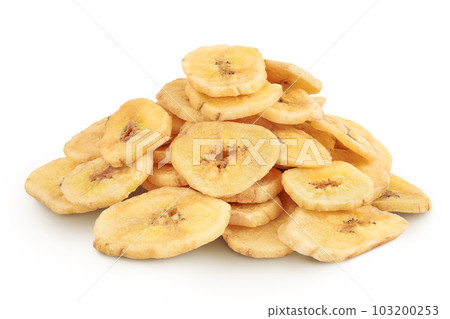 Dried banana chips isolated on white background with full depth of field 103200253