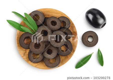 Black olive slices in wooden bowl isolated on a white background with full depth of field. Top view. Flat lay Black olive slices in wooden bowl isolated on a white background with full depth of field. Top view. Flat lay 103200278