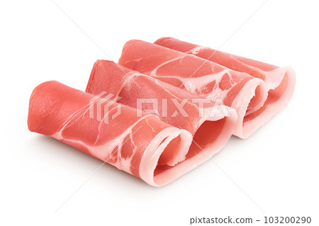 Italian prosciutto crudo or spanish jamon. Raw ham isolated on white background with full depth of field. 103200290