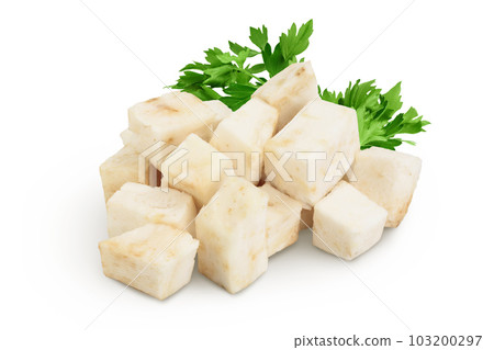diced celery root isolated on white background diced celery root isolated on white background 103200297