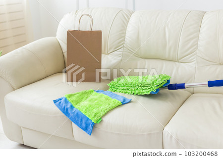 Blue and green plastic mop with adjustable handle lying on couch - tools for cleaning services and domestic work housekeeping Blue and green plastic mop with adjustable handle lying on couch - tools for cleaning services and domestic work housekeeping 103200468
