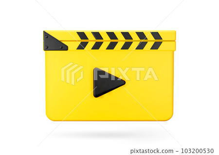 3D Cartoon Film Clapperboard in Yellow and Black Color Isolated on White Background. Closed Film Slate. Concept of Movie, Startup or Beginning. Vector Illustration of 3d Render. 103200530